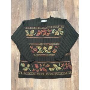 JH Collectibles Wool Blend Olive embroidered crewneck with leaf motif VTG Large